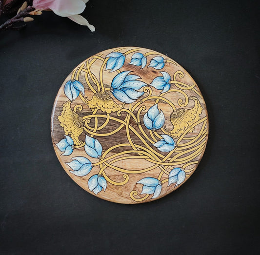 Handpainted Lotus Wall Plate With Wooden Background.