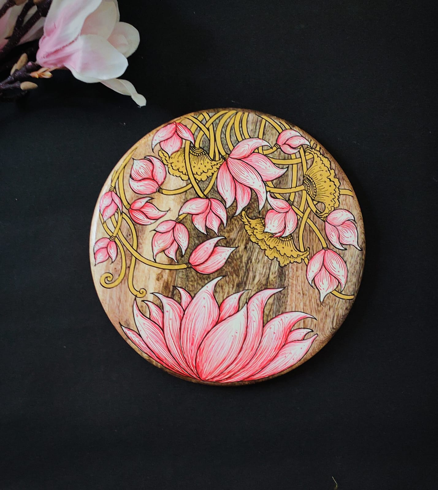 Handpainted Lotus Wall Plate With Wooden Background.