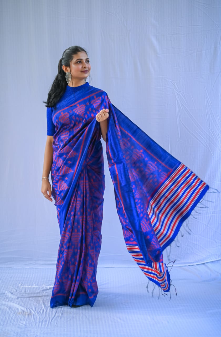 'Vriksh' Ikkat pattern handwoven pure silk blue saree