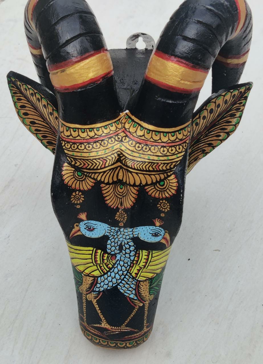 Hand painted Peacock Pattachitra on black Wooden Ram Head