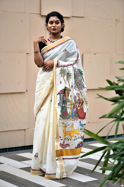 'Vivah' handwoven and hand painted pure Kerala Cotton White Saree