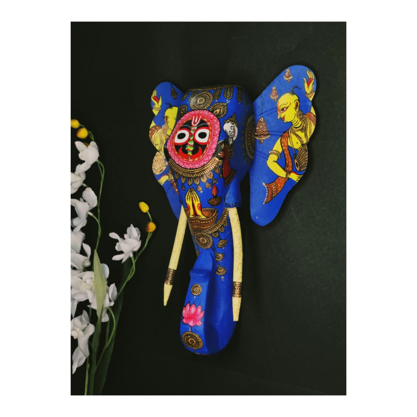 Lord Jagannath Face handpainted  Wooden Blue Long Tusks Elephant Head