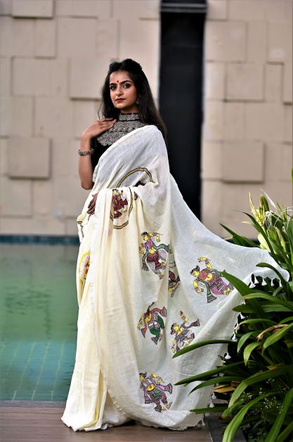 'Nartaki' handwoven and hand painted  Cotton White Saree
