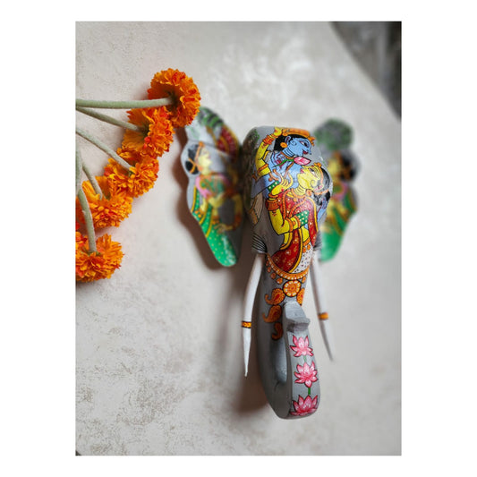 Radha Krishna Raas handpainted  Wooden Grey Long Tusks Elephant Head