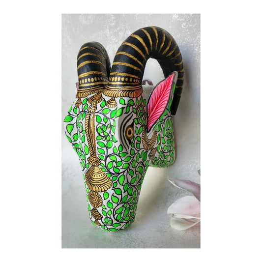 White and Green Pattachitra hand painted leaf pattern  Wooden Ram Head