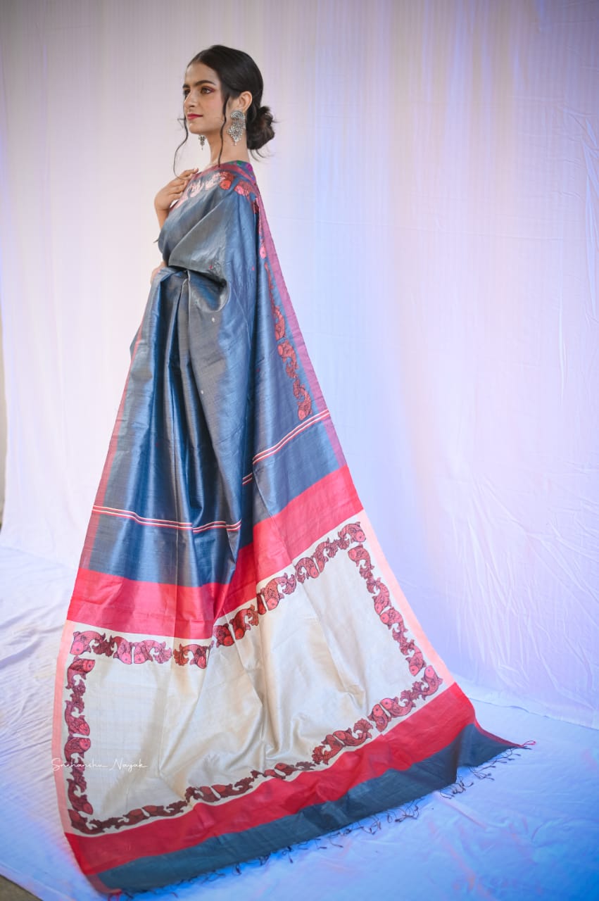 'Matsya' handwoven and handpainted pure tassar metallic grey silk saree