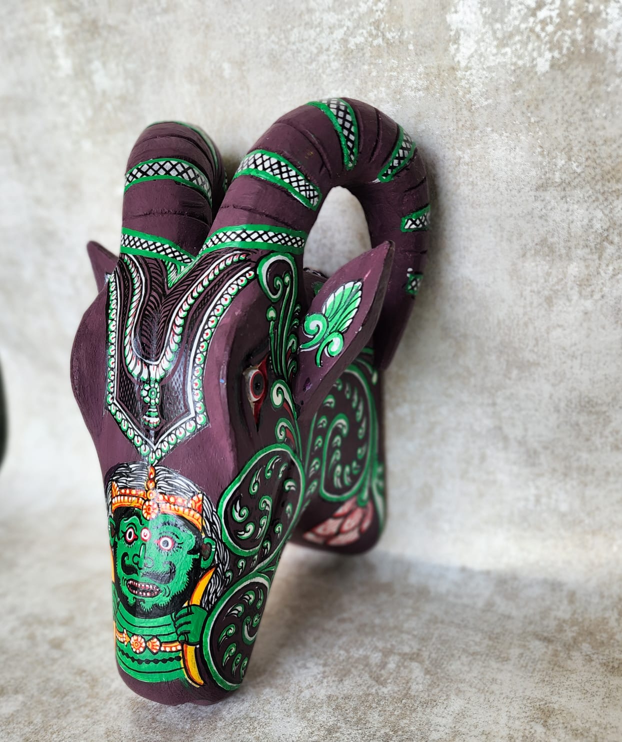Brown and Green Demon Head Pattachitra hand painted  Wooden Ram Head
