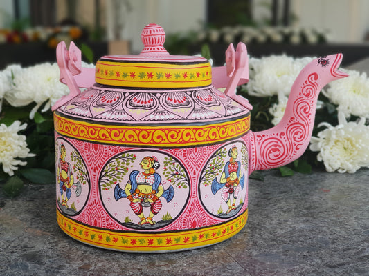 Pink and White handpainted Pattachitra Dancer Aluminium Teapot