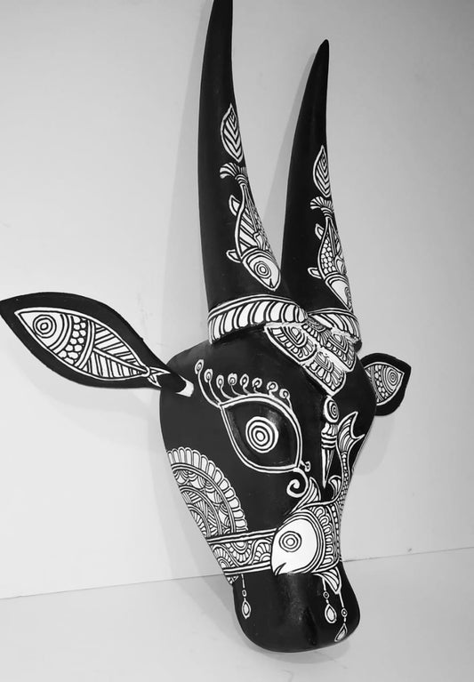 Black and White Madhubani handpainted  Wooden Cow Head