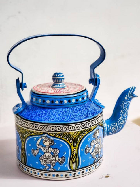 Blue and white handpainted Pattachitra dancer Aluminium Teapot