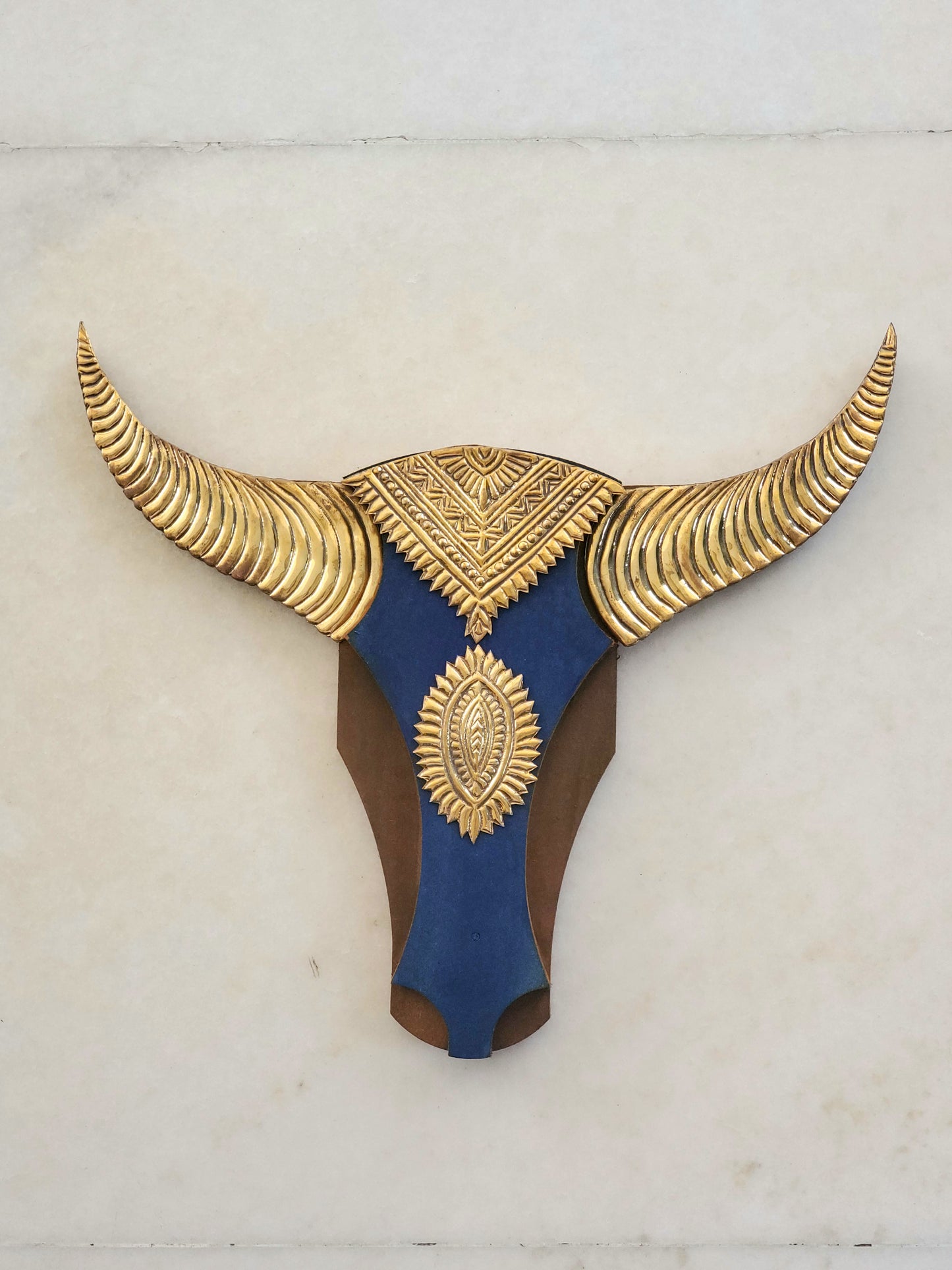 Minimalistic Brass accessorised Blue Brown Bull Head