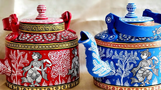 Set of 2 : Red and Blue Pattachitra Handpainted Teapots