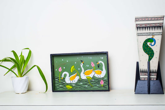 Moss Green Handpainted Swans Multicolor MDF Tray