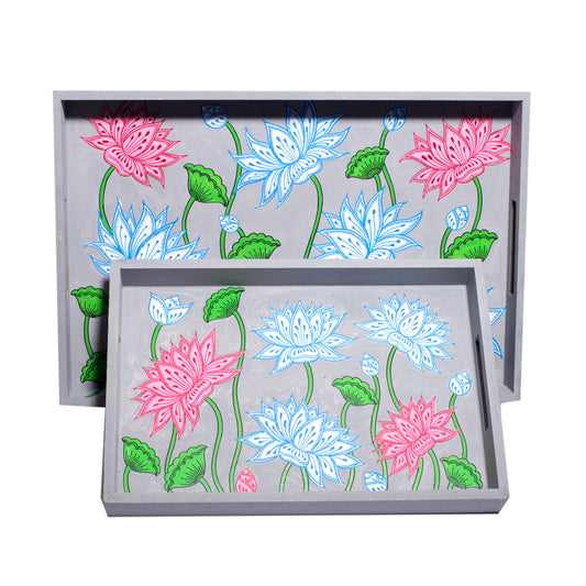 Handpainted English Grey Floral Motifs -Multicolor MDF Trays (Set o