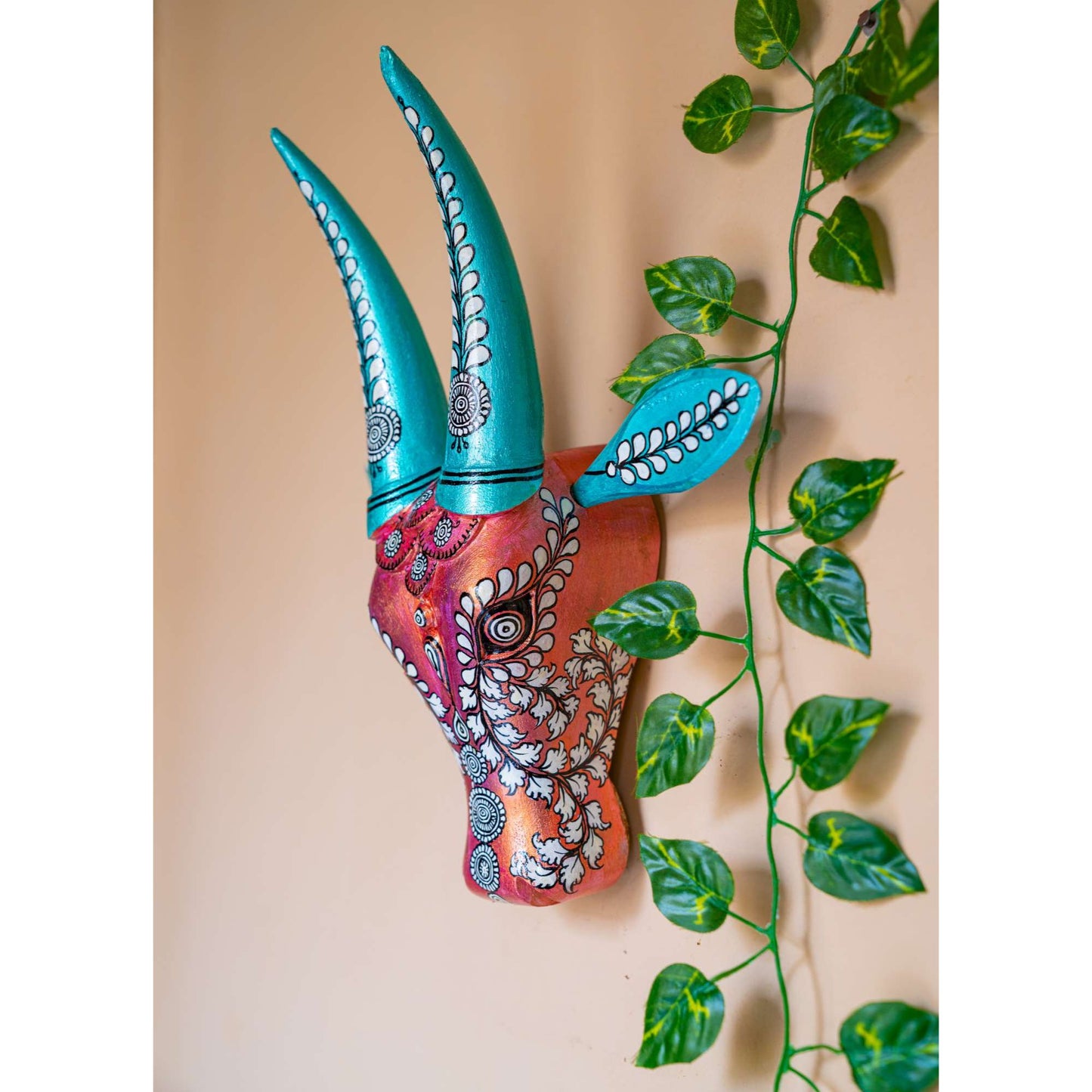 Metallic Rose Gold and Green handpainted Wooden Cow Head