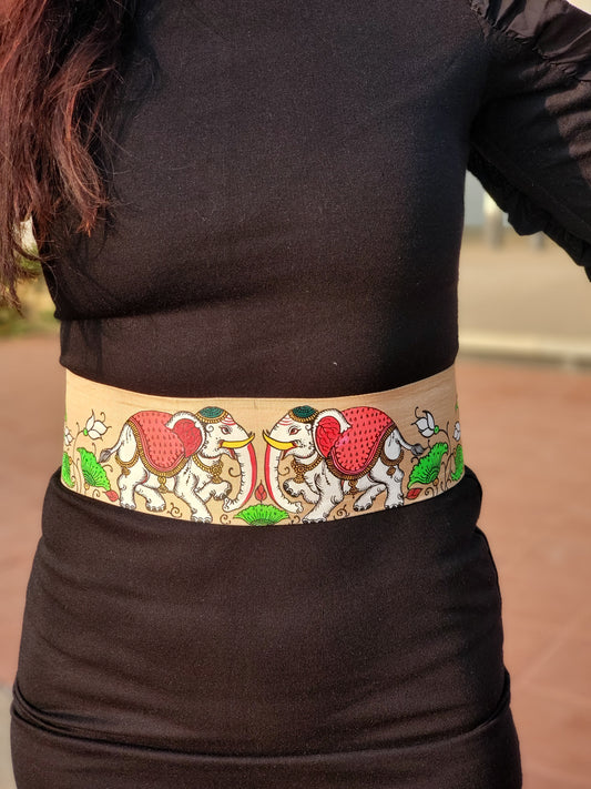 Off white Handpainted Silk Belt with Indian Elephants in corset style