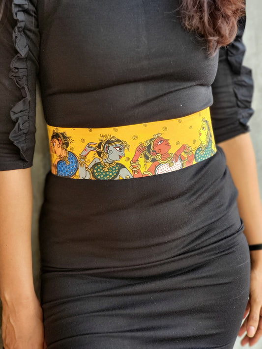 Yellow Handpainted Silk Belt with Pattachitra Faces in corset style