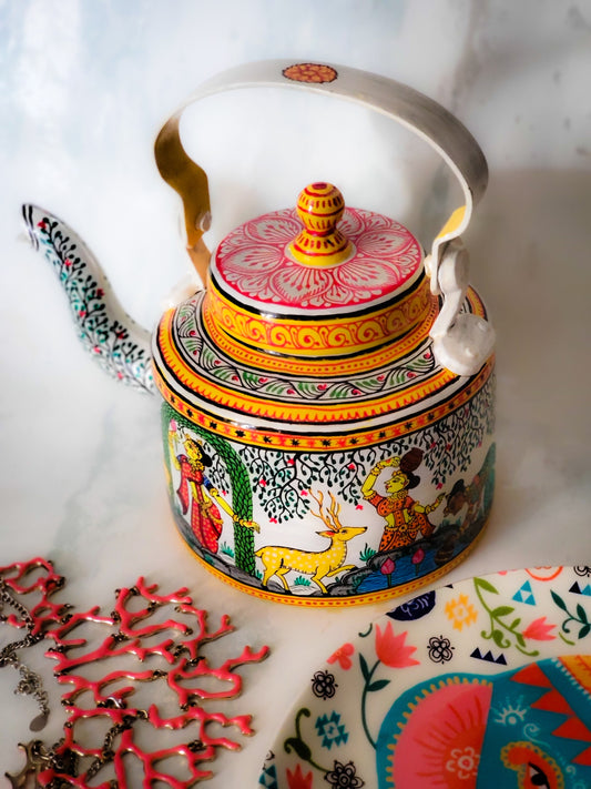 TEAPOT HANDPAINTED WITH VILLAGE SCENE IN PATTACHITRA STYLE
