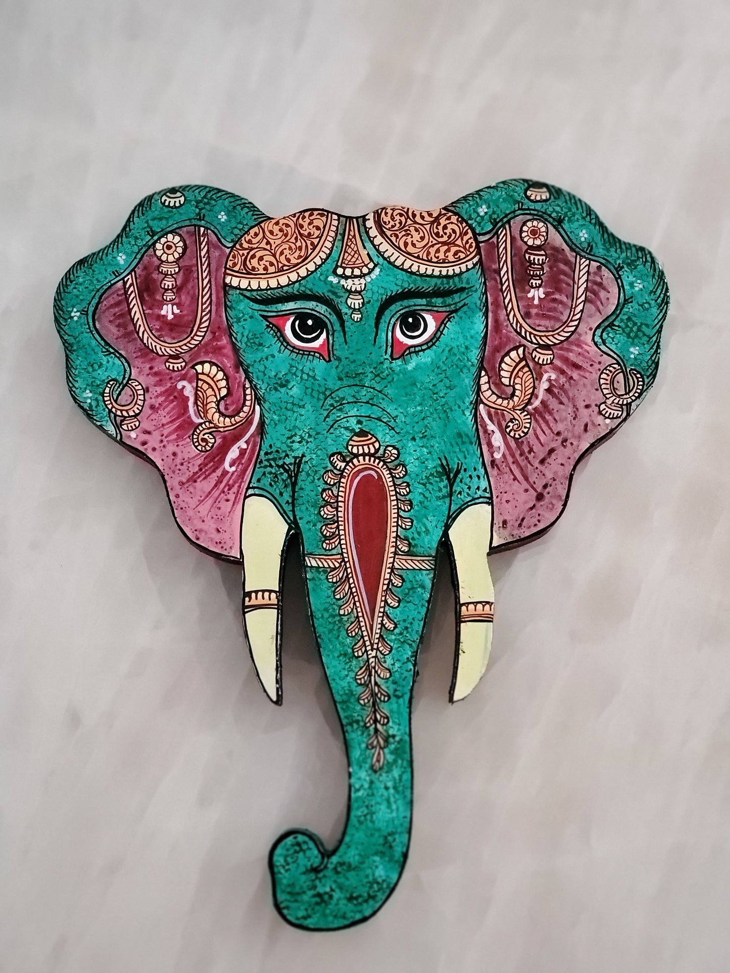Green Textured Pattachitra Handpainted Elephant Head