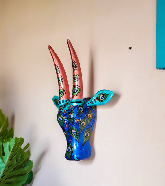 Peacock themed Metallic Blue and Green handpainted Wooden Cow Head