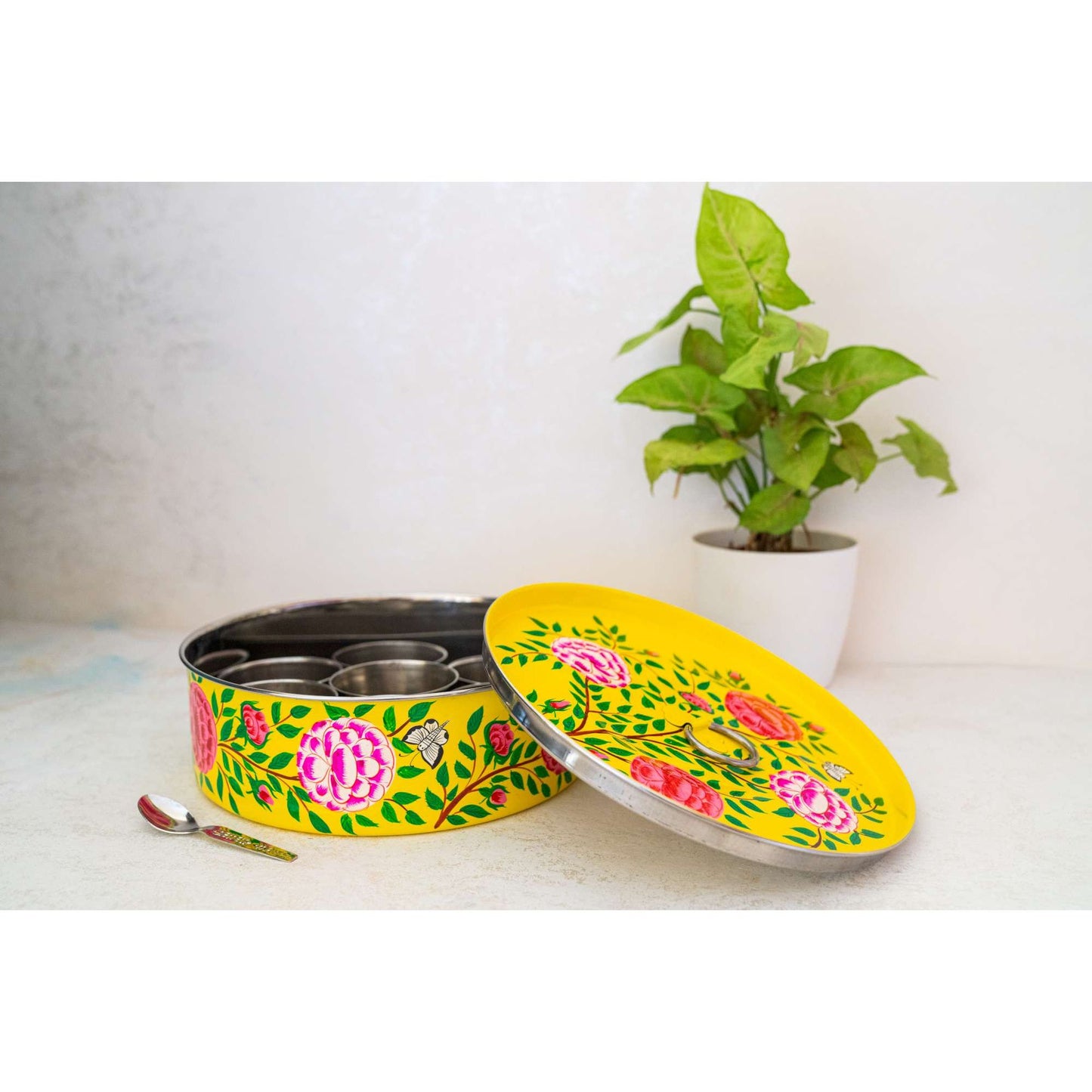 Yellow Floral Kashmiri Handpainted Stainless Steel Spice Box