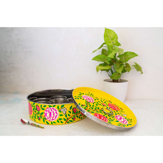 Yellow Floral Kashmiri Handpainted Stainless Steel Spice Box