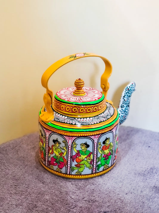 Neon colors handpainted Pattachitra dancer Aluminium Teapot