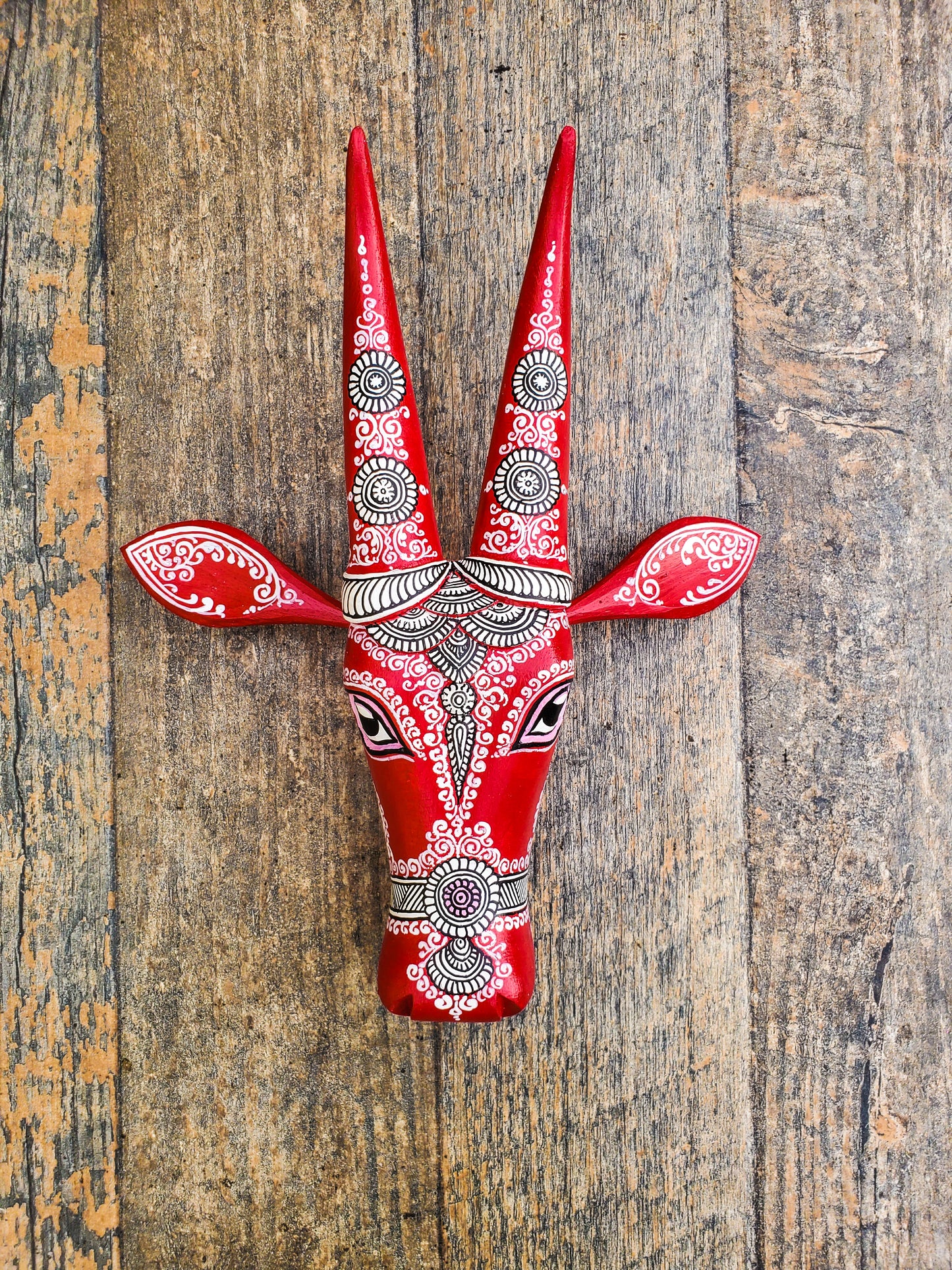 Red and White Pattachitra handpainted Bull Head