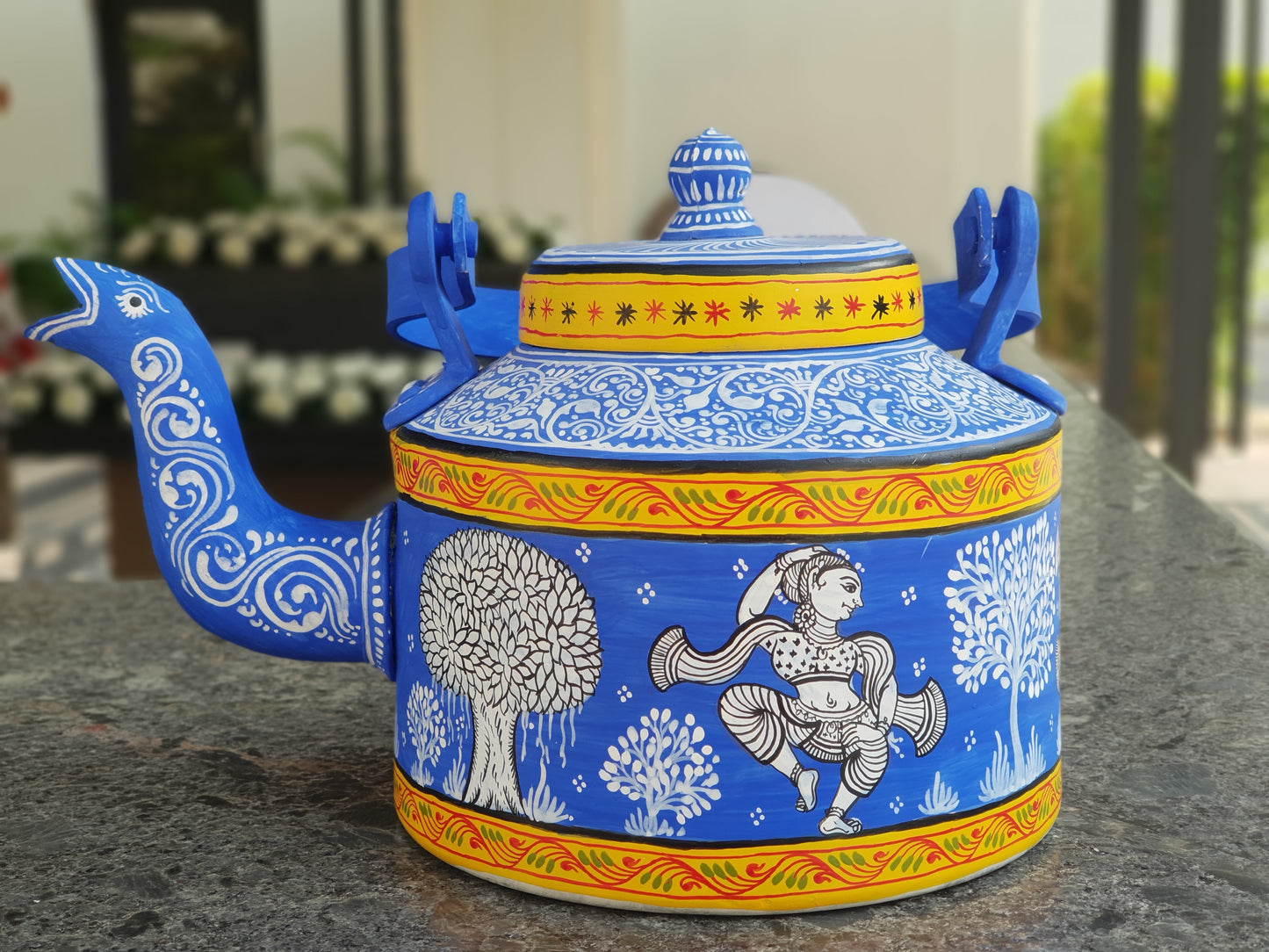Blue and White handpainted Pattachitra Dancer Aluminium Teapot