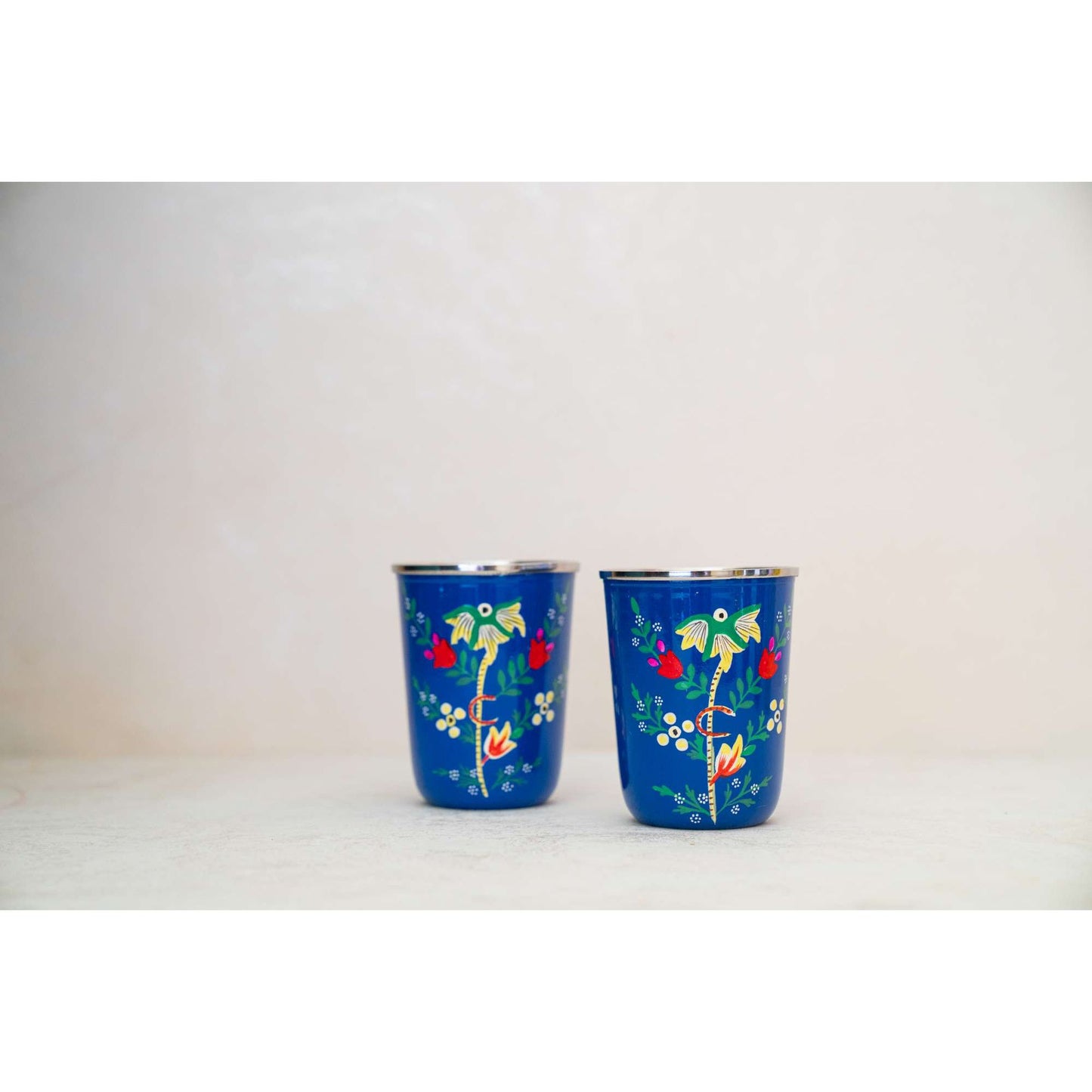 Blue Floral Kashmiri Handpainted Stainless Steel Glasses - Pair of 2
