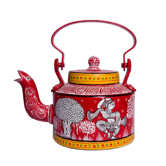 Red and White handpainted Pattachitra Deer Aluminium Teapot