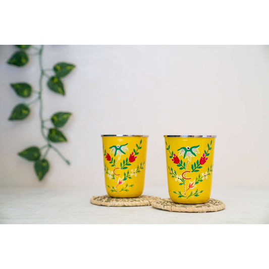 Yellow Floral Kashmiri Handpainted Stainless Steel Glasses- Set of two