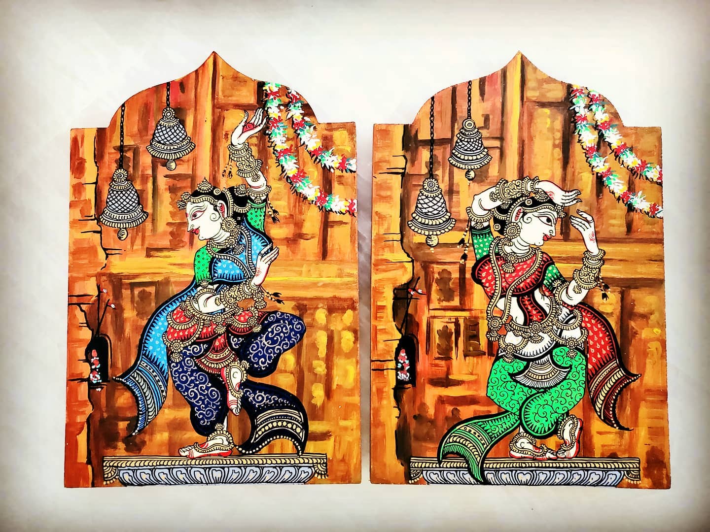 Set of 2 : Multicolored Pattachitra Dancers on  Wooden Wall Accent