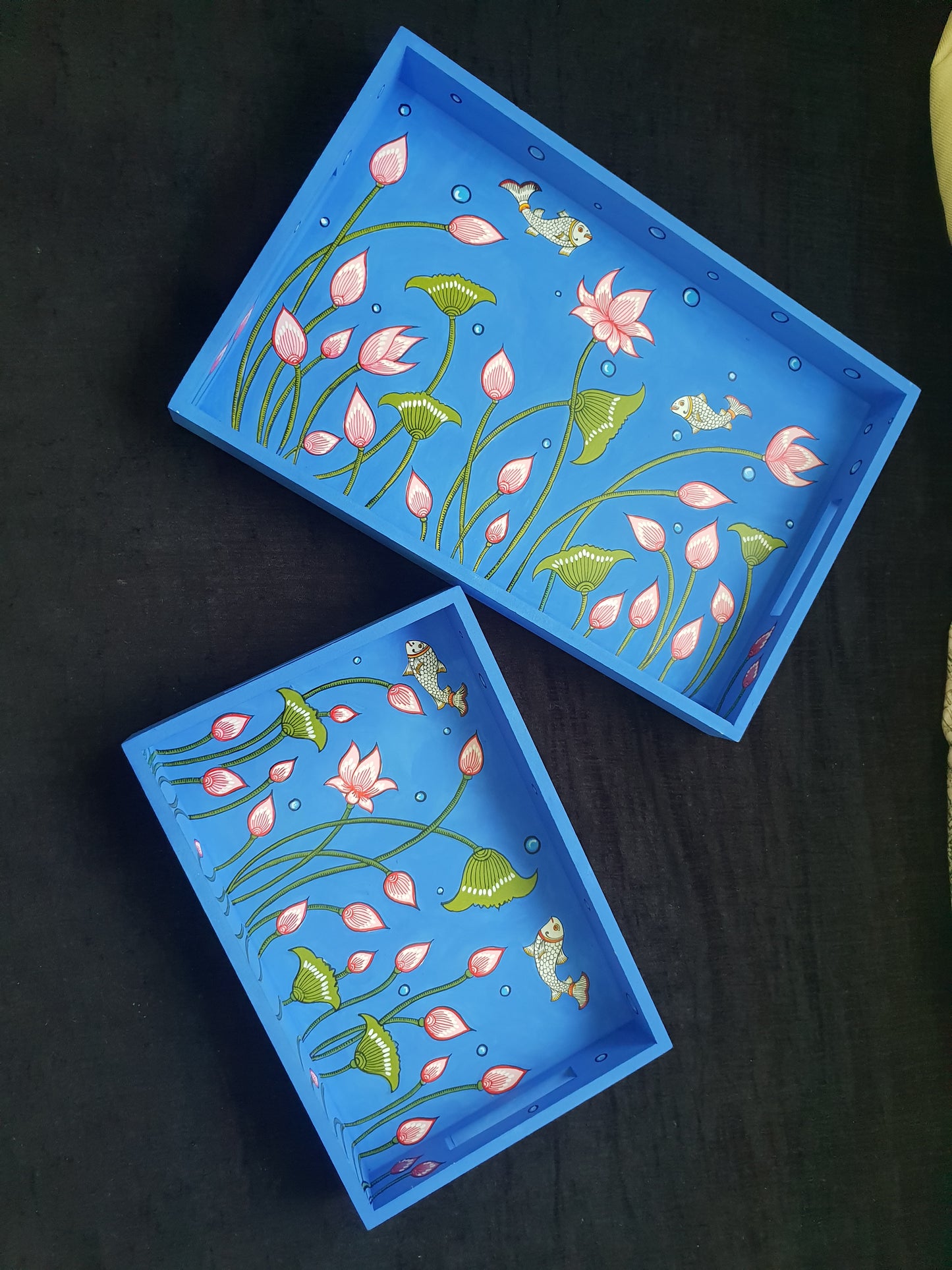 Handpainted Blue Lotus Buds -Multicolor MDF Trays (Set o