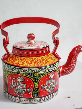 Red and white handpainted Pattachitra dancer Aluminium Teapot