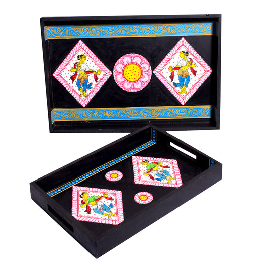 Handpainted Indian Dancer Pattachitra Black -Multicolor MDF Trays (Set of 2)
