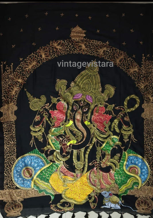 Handpainted Pattachitra Silk Saree In Black: Ganpati on Pallu
