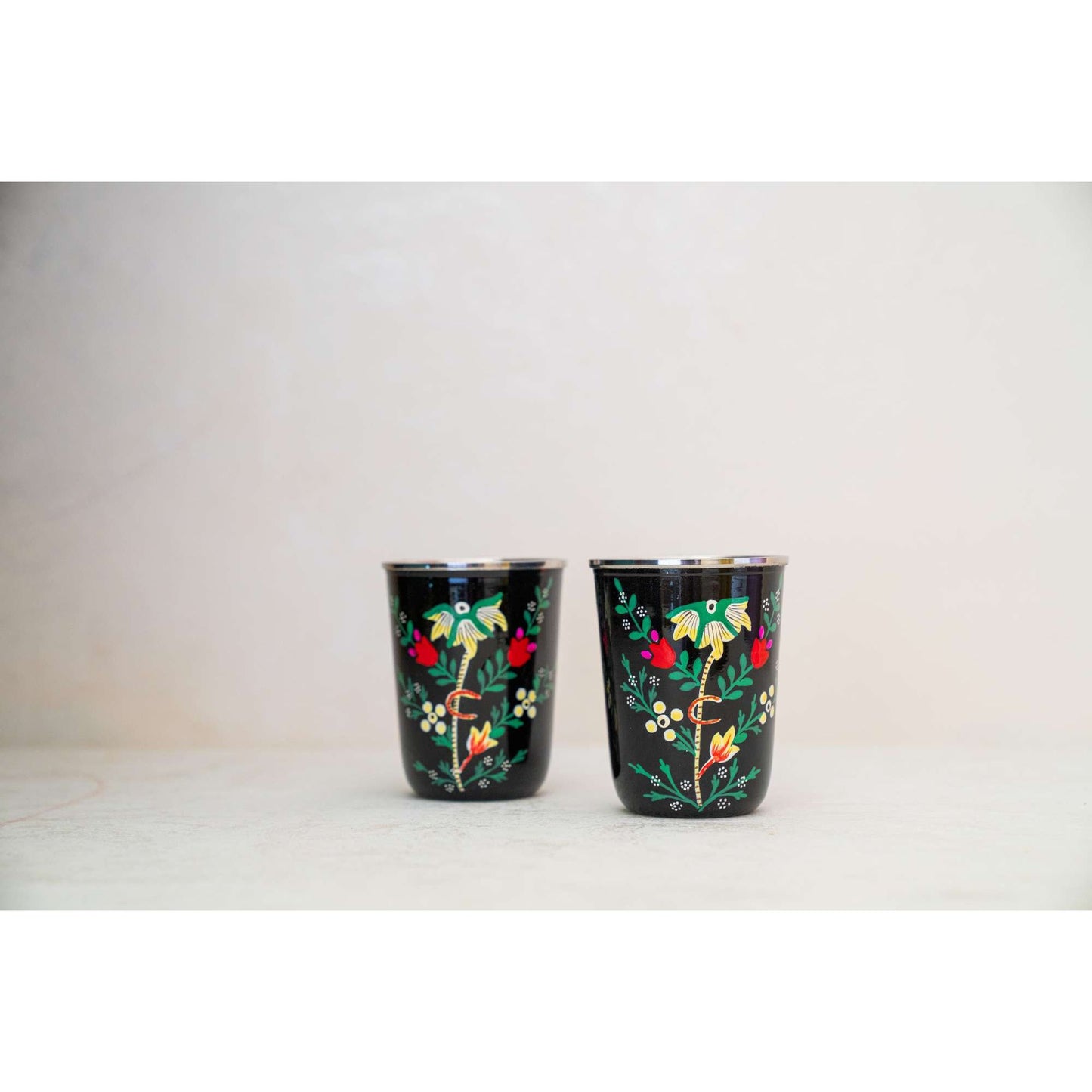 Black Floral Kashmiri Handpainted Stainless Steel Glasses - Pair of 2