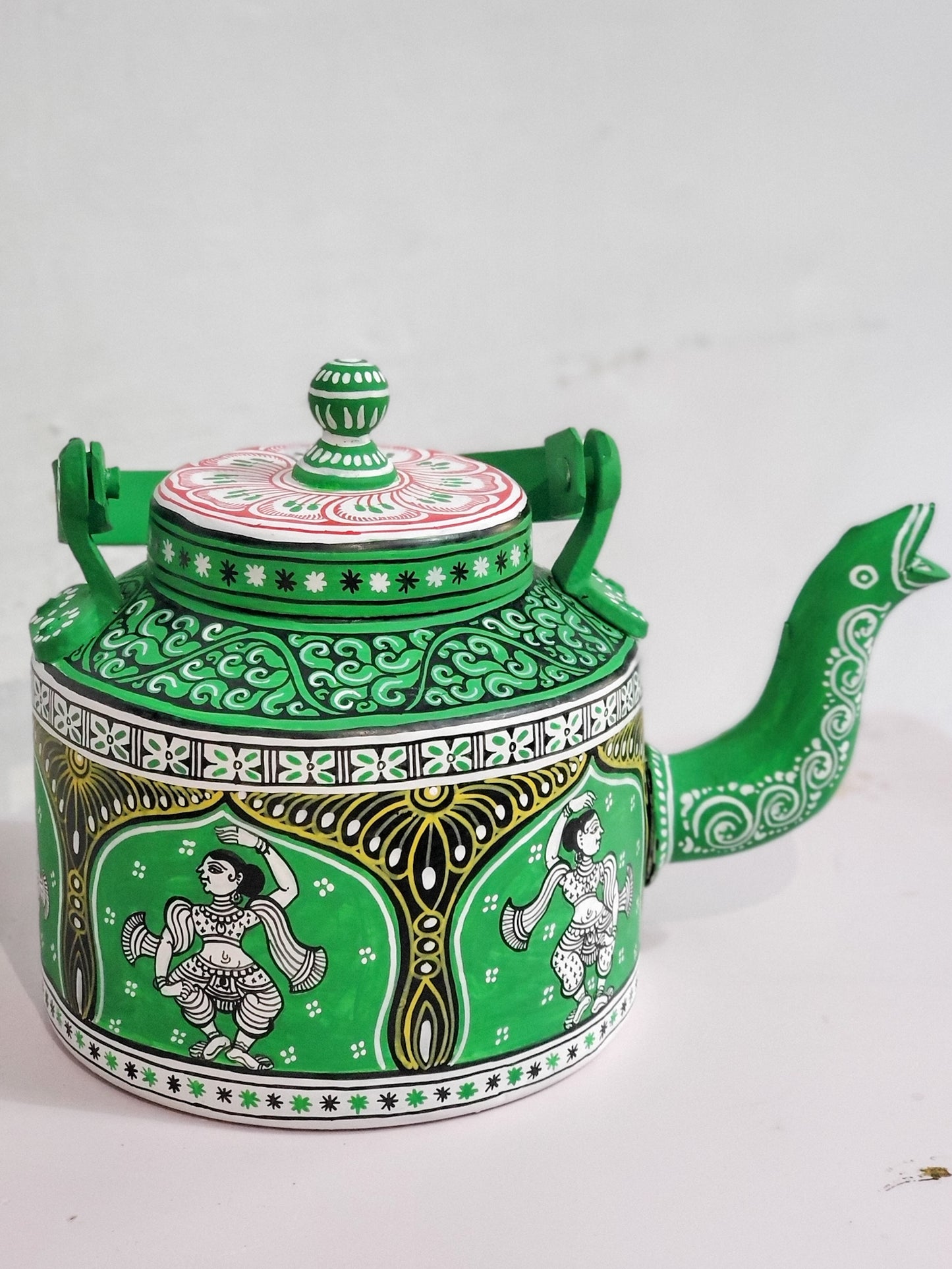 Green handpainted Pattachitra dancer Aluminium Teapot
