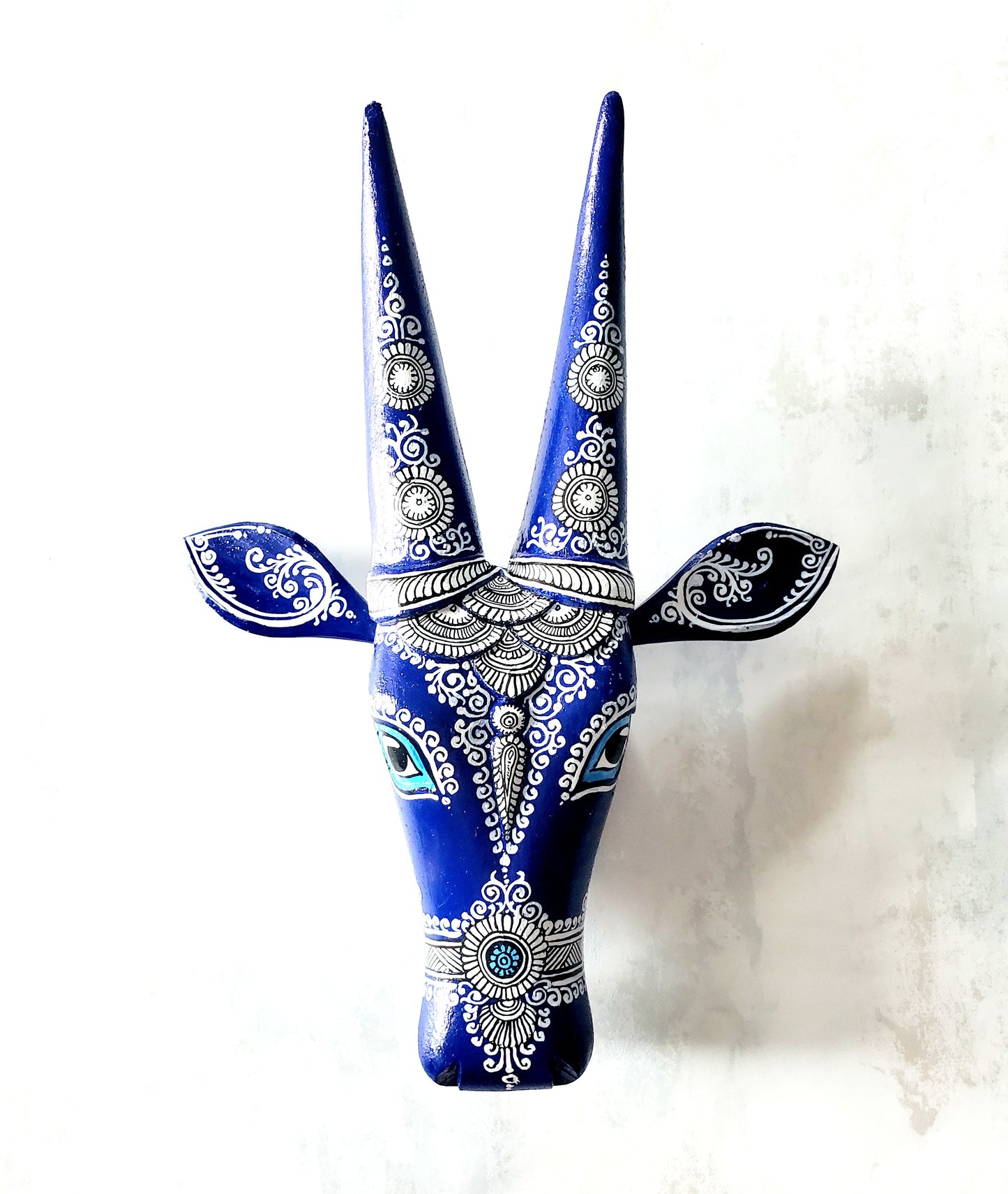 Blue and White Pattachitra handpainted  Wooden Cow Head