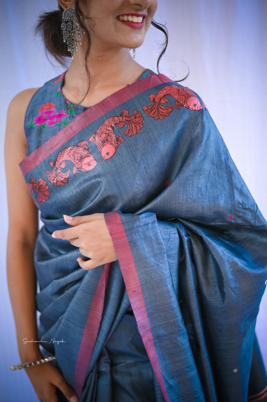 'Matsya' handwoven and handpainted pure tassar metallic grey silk saree