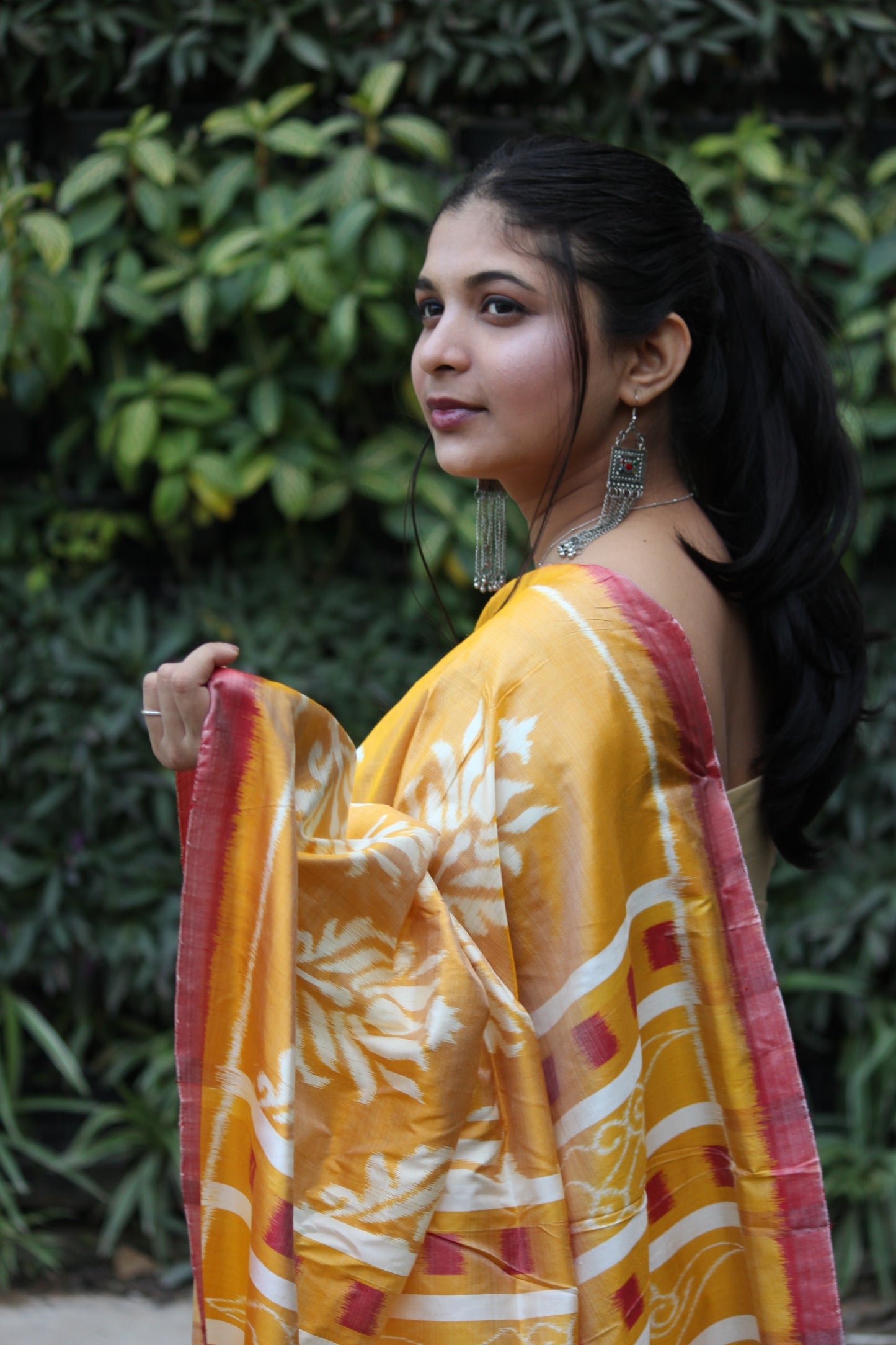 'Pundarika' Ikkat pattern lotus motifs handwoven pure Mulberry silk Yellow saree