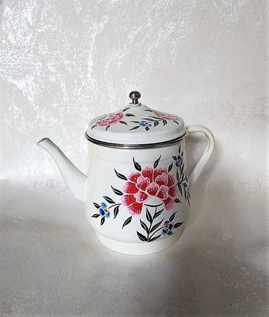 White Floral Kashmiri Hand painted Stainless Steel Teapot