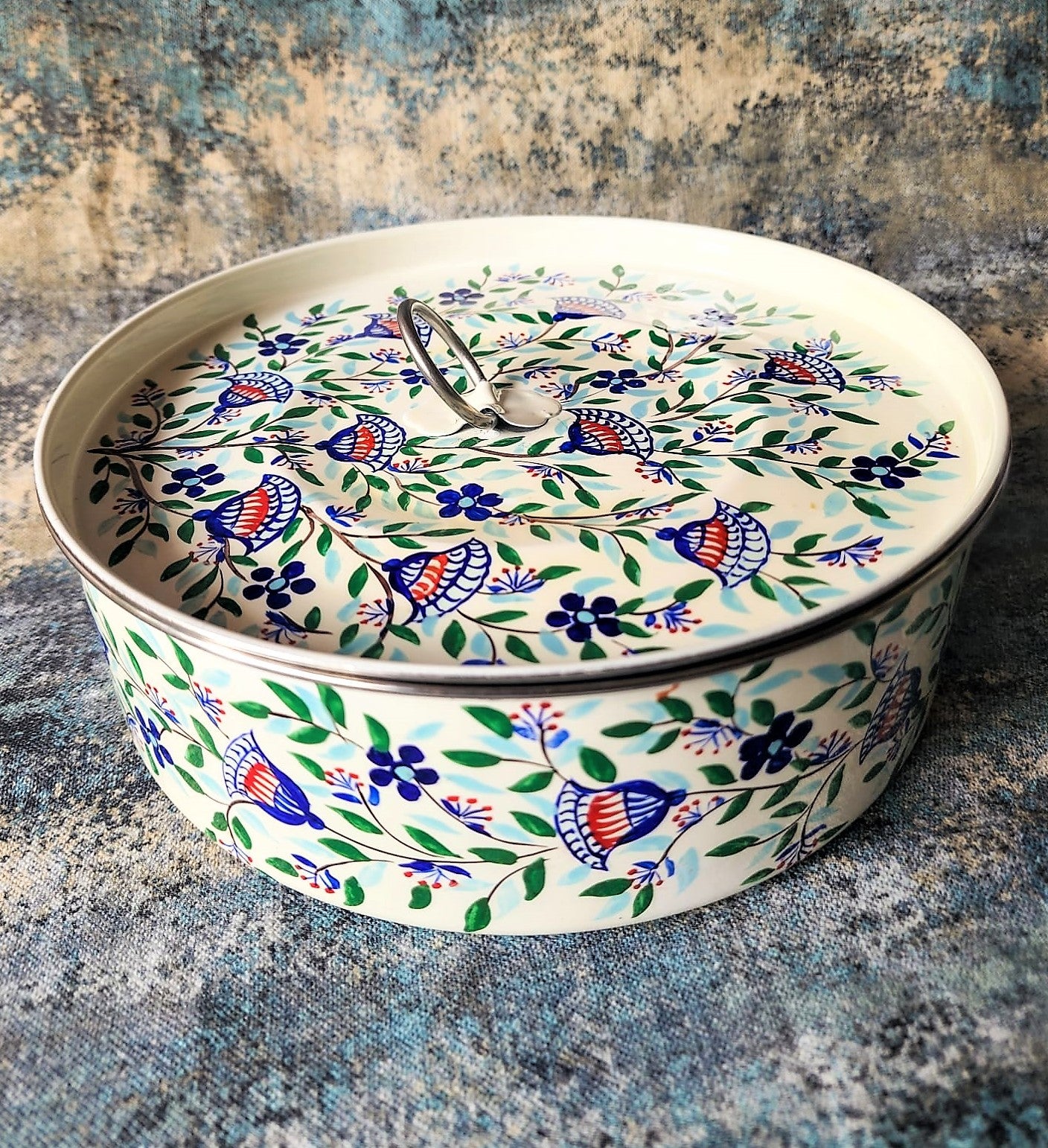 Off White Floral Kashmiri Handpainted Stainless Steel Masala Dabba