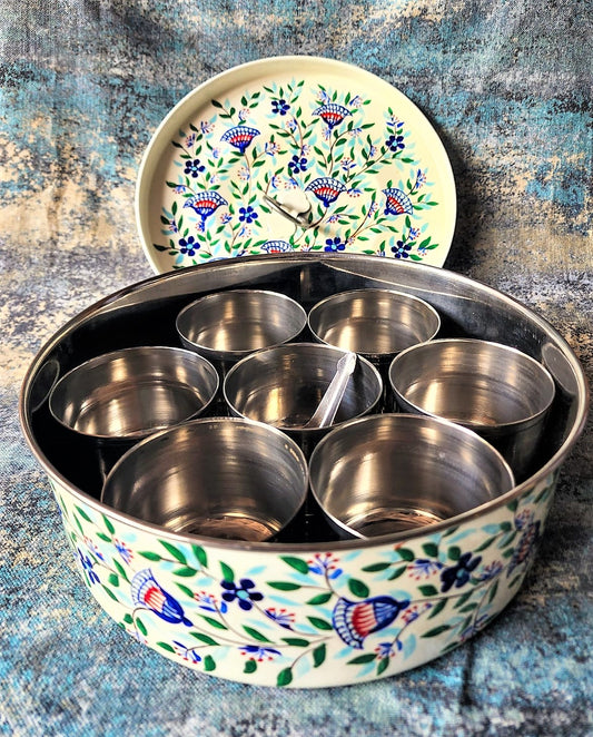 Off White Floral Kashmiri Handpainted Stainless Steel Masala Dabba
