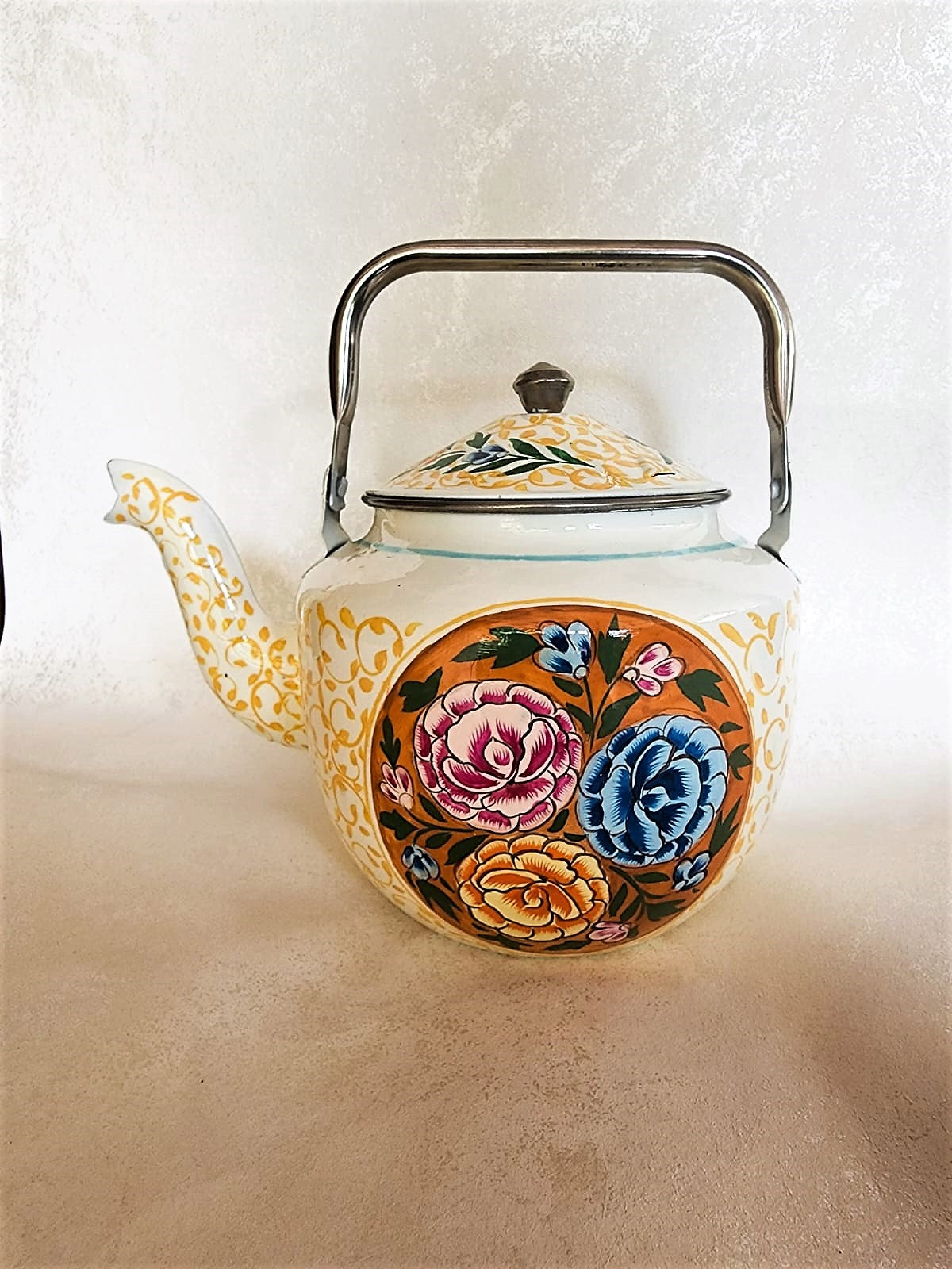 White Yellow Floral Kashmiri Hand painted Stainless Steel Kettle