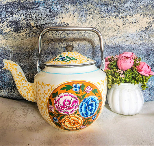 White Yellow Floral Kashmiri Hand painted Stainless Steel Kettle