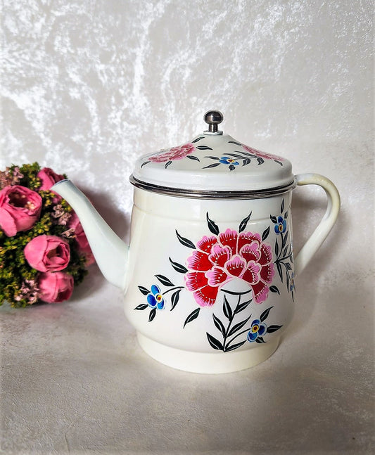 White Floral Kashmiri Hand painted Stainless Steel Teapot