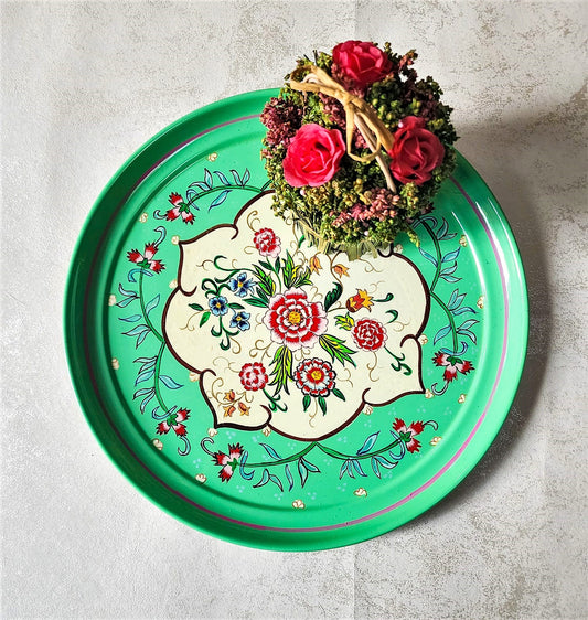 Green Floral Hand painted stainless steel Kashmiri round tray