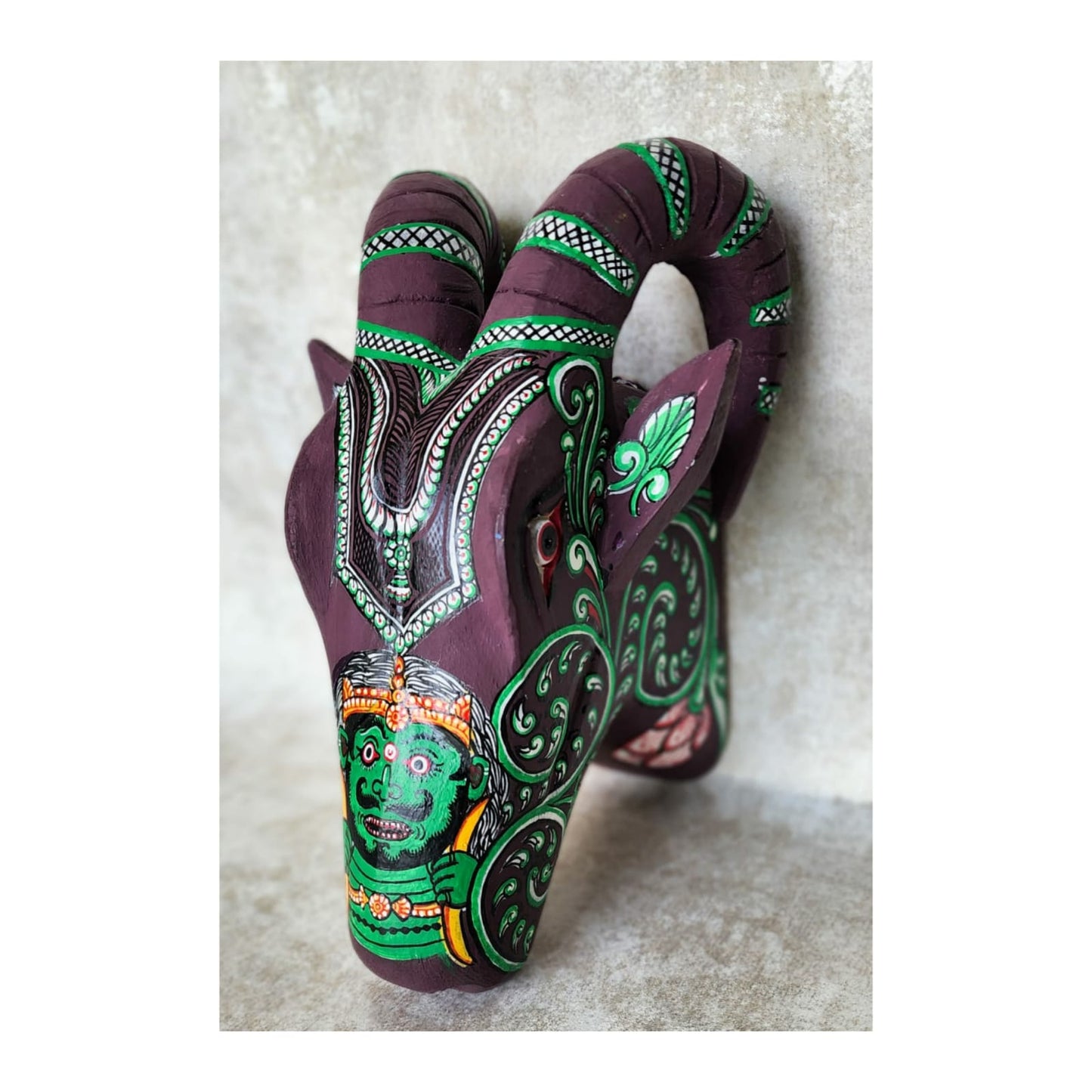 Brown and Green Demon Head Pattachitra hand painted  Wooden Ram Head